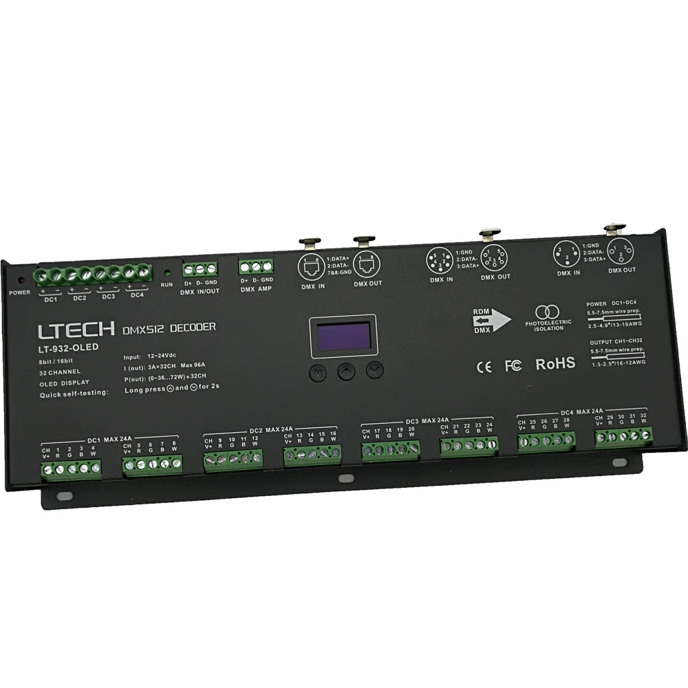 LT-932-OLED декодер 32CH DMX-PWM; Вход DC12-24V; 3A* 32CH Max 96A 2304 Вт выход RGB/RGBW контроллер полосы XLR-3/RJ45