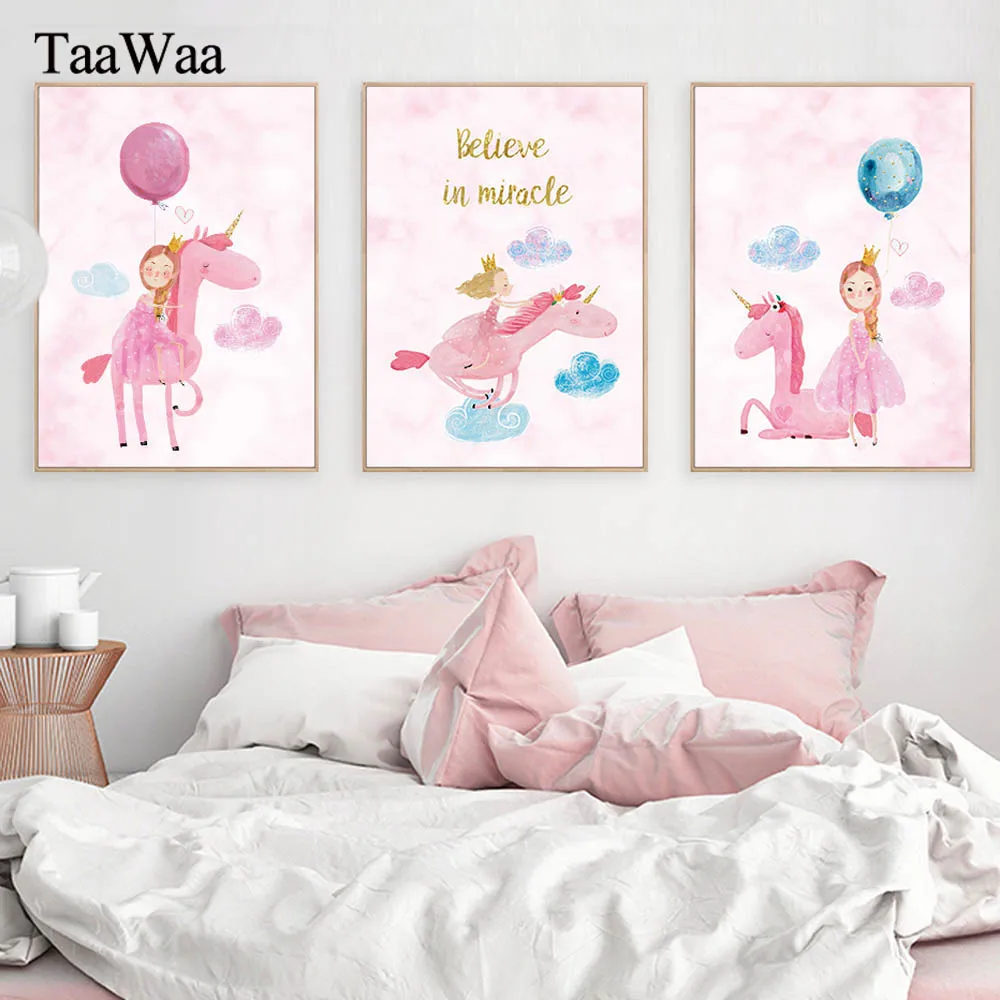 Pink Pony Unicorn Girl Canvas Wall Art Nursery Animal Poster and Print Decorative Painting Picture For Kids Room Decoration | Дом и сад