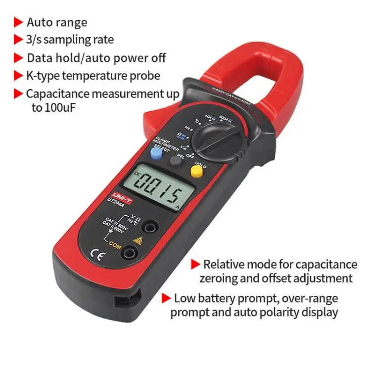 Цифровой зажим мультиметры UNI-T UT204A Авто Диапазон температуры AC DC ток клещи блок Амперметр Вольтметр