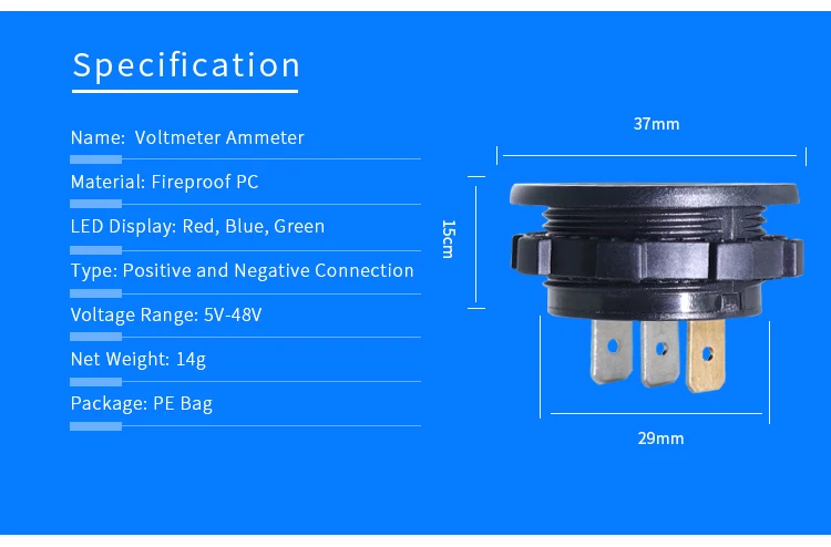 Водонепроницаемый Мини цифровой вольтметр и амперметр DC 5V 48V Напряжение светодиодный Дисплей синий и красный цвета зеленого цвета для автомобилей, автобусов, морской