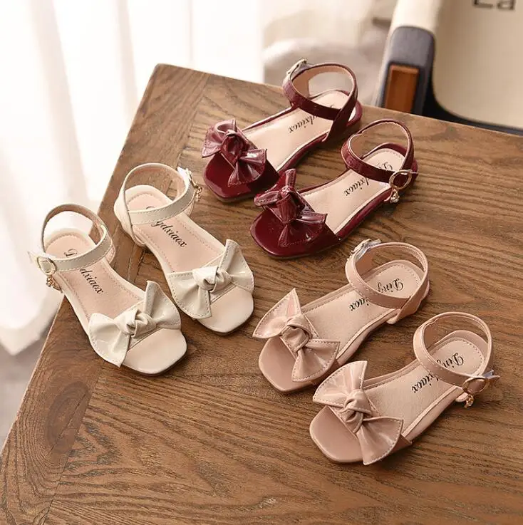 

Summer Children girls Fashion pu sandals with bowtie princess sandals candy color pink red beige 21-35 D-15 TX07
