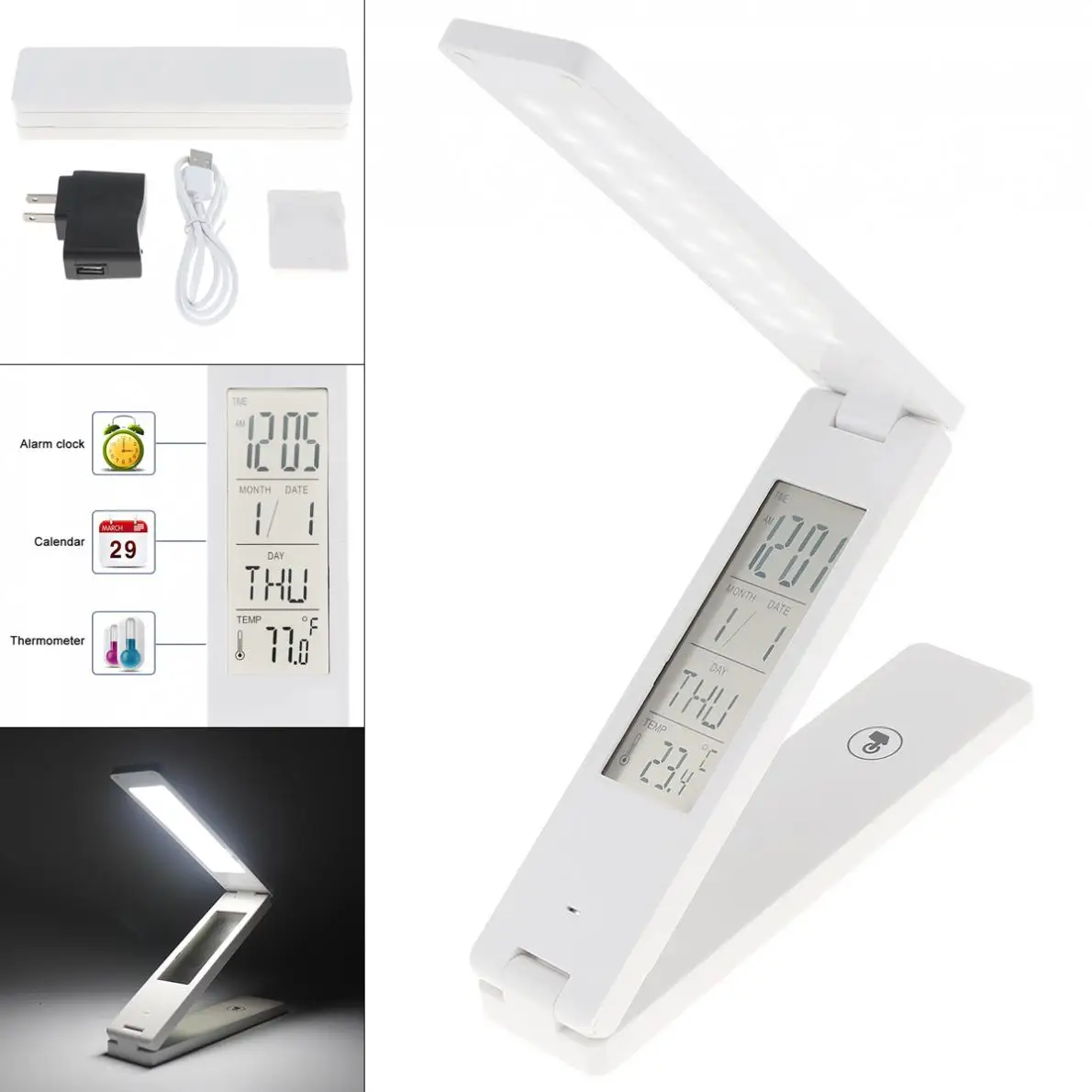 

18 LED Foldable Rechargable Table Lamp with Touch Switch/Calendar Alarm Clock Temperature Display for Emergency Lighting/Camping