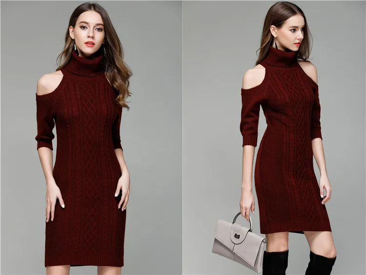 Europe and the United States women's high collar twist fashion pile heap sexy collar knit dress women long bottoming shirt (14)