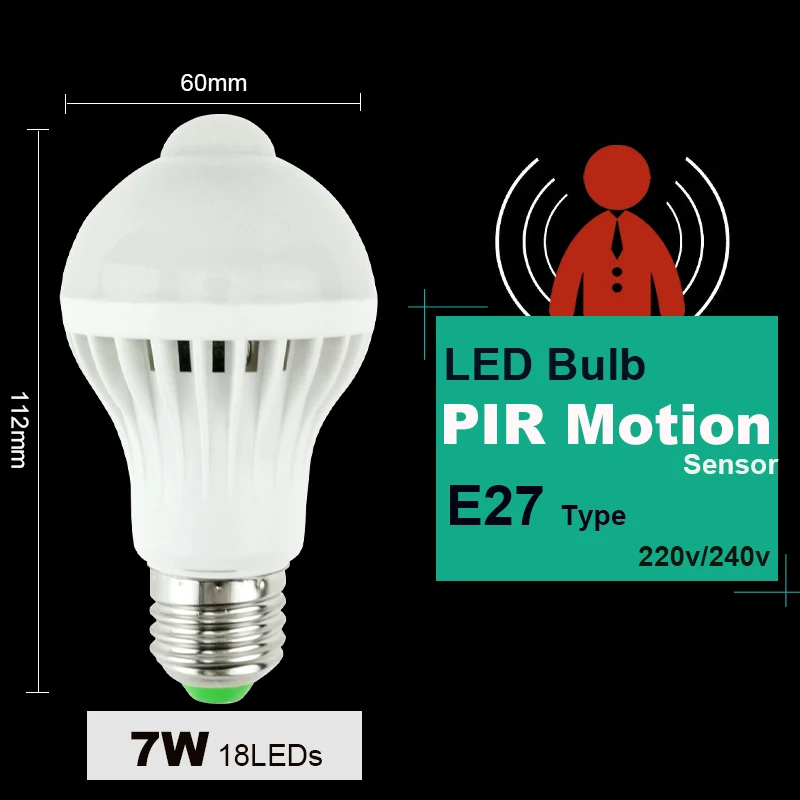 Светодиодный PIR датчик движения лампа 5 Вт 220 В светодиодный светильник 7 Вт 9 Вт 12 Вт автоматический умный светодиодный PIR инфракрасный звук тела+ светильник E27 датчик движения светильник - Испускаемый цвет: 7W PIR Motion bulb