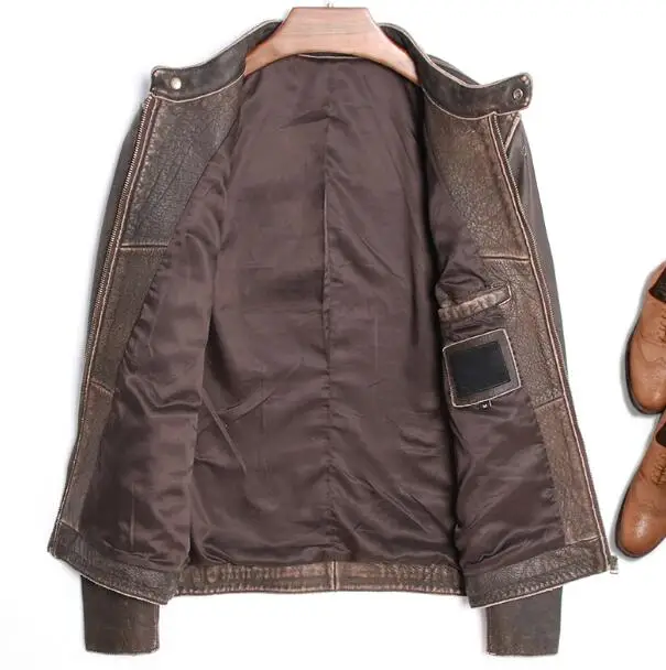 2018 Натуральная кожа куртки мужские винтажные деловые повседневные пальто коричневые из натуральной кожи куртка-бомбер campera de cuero hombre