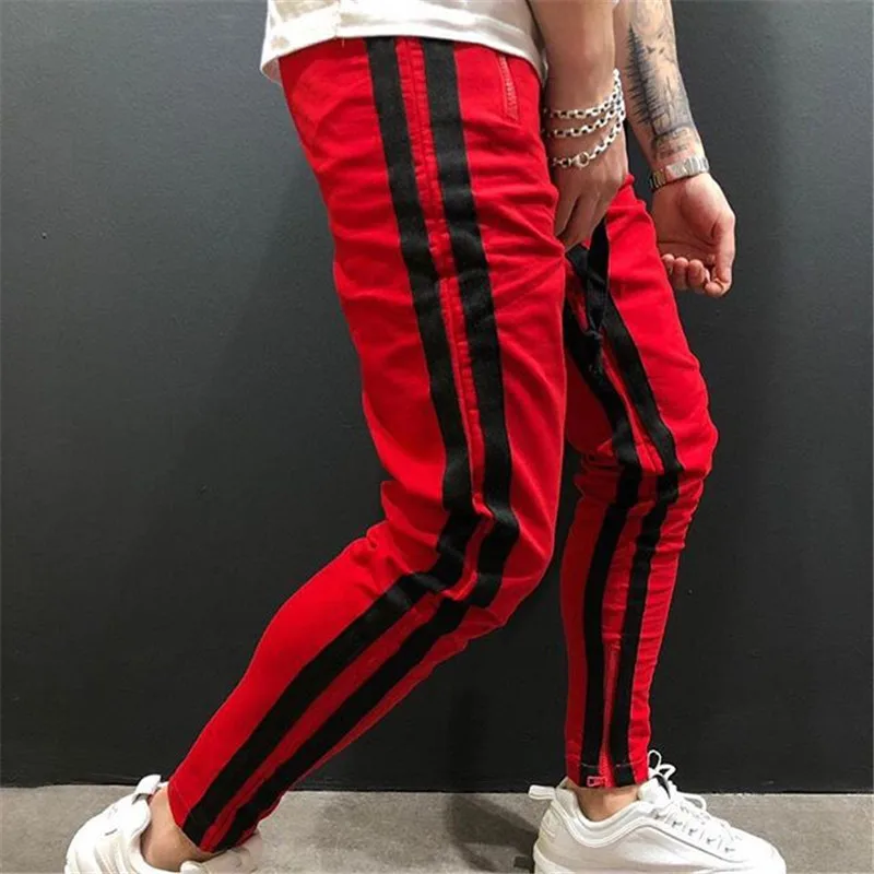 GYMOHYEAH/мужские спортивные штаны, новая мода, хип-хоп, фитнес, уличная одежда, брюки в полоску, на завязках, для бега, спортивные штаны, Pantalon Homme - Цвет: red