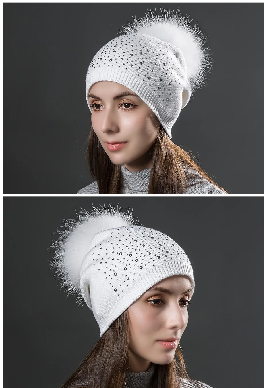 Осенние вязаные шапки с заклепками, декоративные кепки для женщин, зимние вязаные теплые шерстяные шапки из натурального меха енота, женская шапка с помпоном