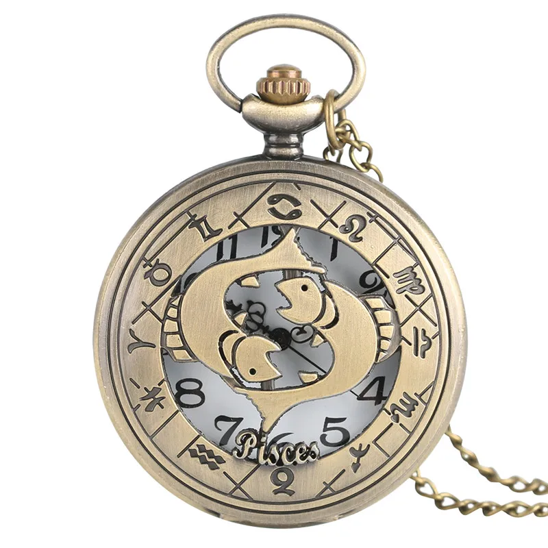 

Bronze Pisces Fish Quartz Pocket Watch Fashion Twelve Constellations Copper Women Men Fob Watches Chain Necklace Birthday Gift