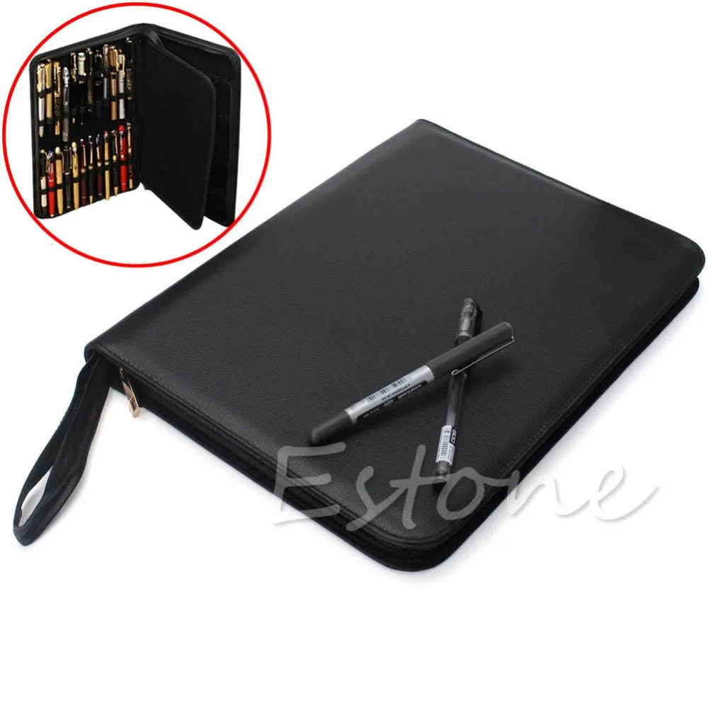 

Black Large PU Faux Leather 48 Fountain Pens Pencil Storage Holder Zip Bag D14