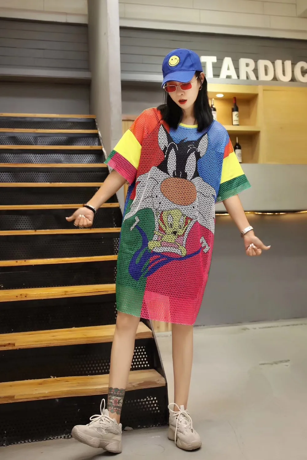 

High Street Cartoon Mesh Fabric T-Shirt Dress Women Hollow Out Summer Dress Plus Size Loose Short Sleeve Pullovers Dresses