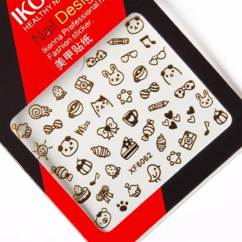 Ikonna XF6062 Hollow Panda Cake Candy heart coffee Rabbit Camera Glasses Gold Line Nail Art Stickers | Красота и здоровье