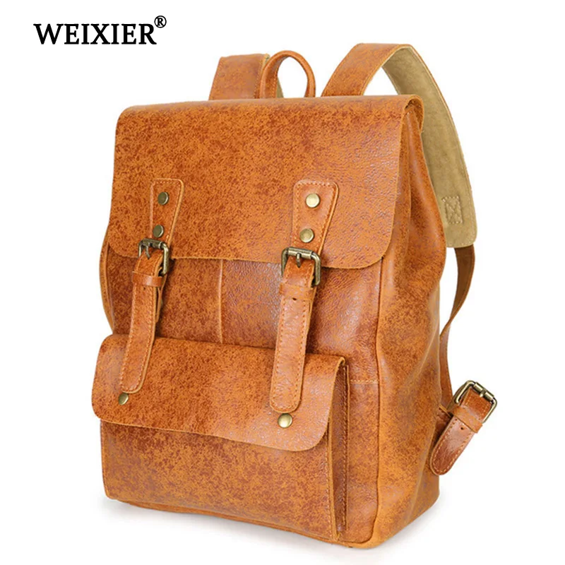 

WEIXIER 2019 Retro Large Capacity Genuine Leather Men's Multi-Function Multi-Pocket Solid Color Backpack High Quality Backpack