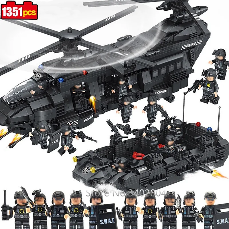 1351pcs SWAT Team Large Transport Helicopter Compatible LegoINs Building Blocks Sets City Police Educational Toys for Children