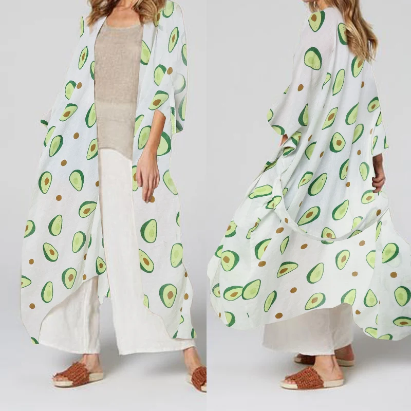 

Plus Size Top 2019 Celmia Fashion Women Kimono Cardiga Summer Avocado Print Blouses Casual Loose Long Shirts Beach Shawl Blusas
