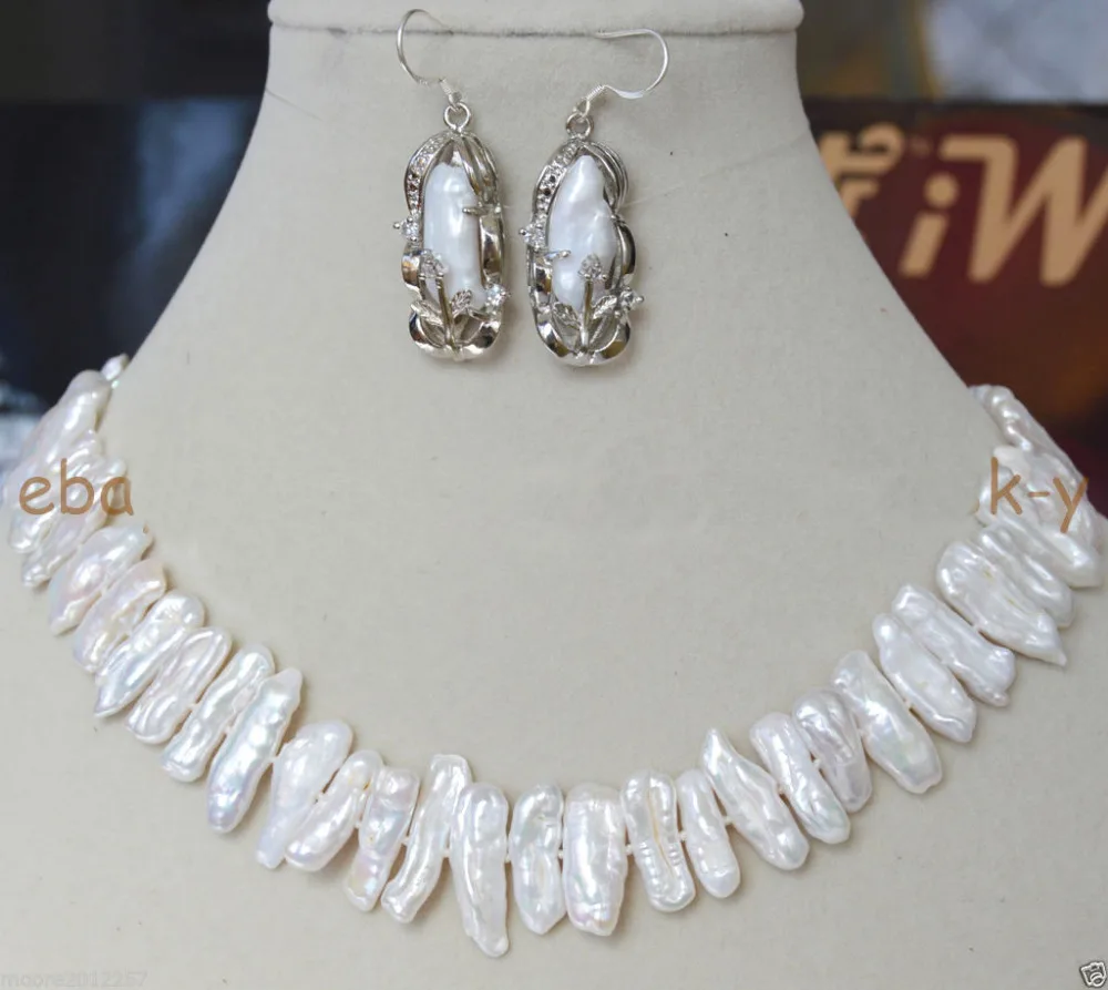 

Hot selling free shipping***** Amazing! Natural baroque Biwa White Fresh water Pearls Necklace Earrings