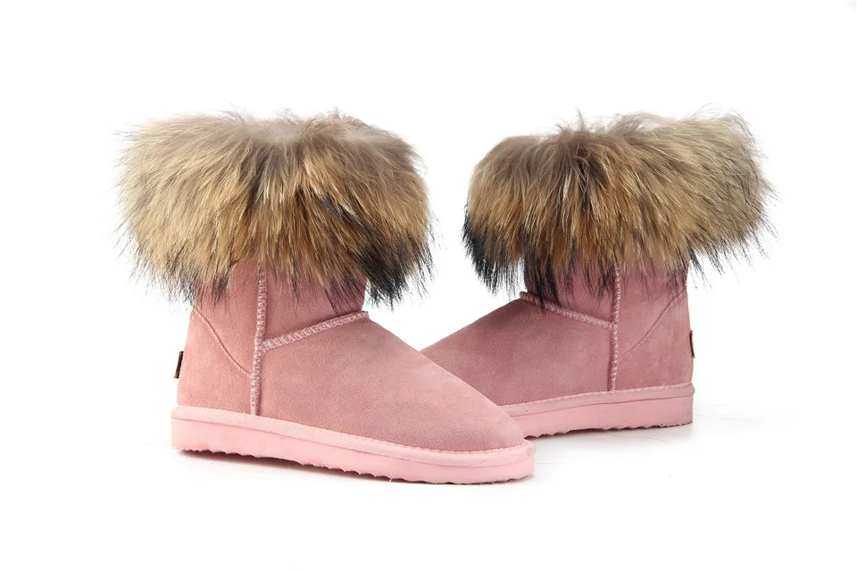 MBR FORCE Fashion Women's Natural Real fox Fur Snow Boots Genuine Cow Leather women Boots Female Warm Winter Boots Shoes