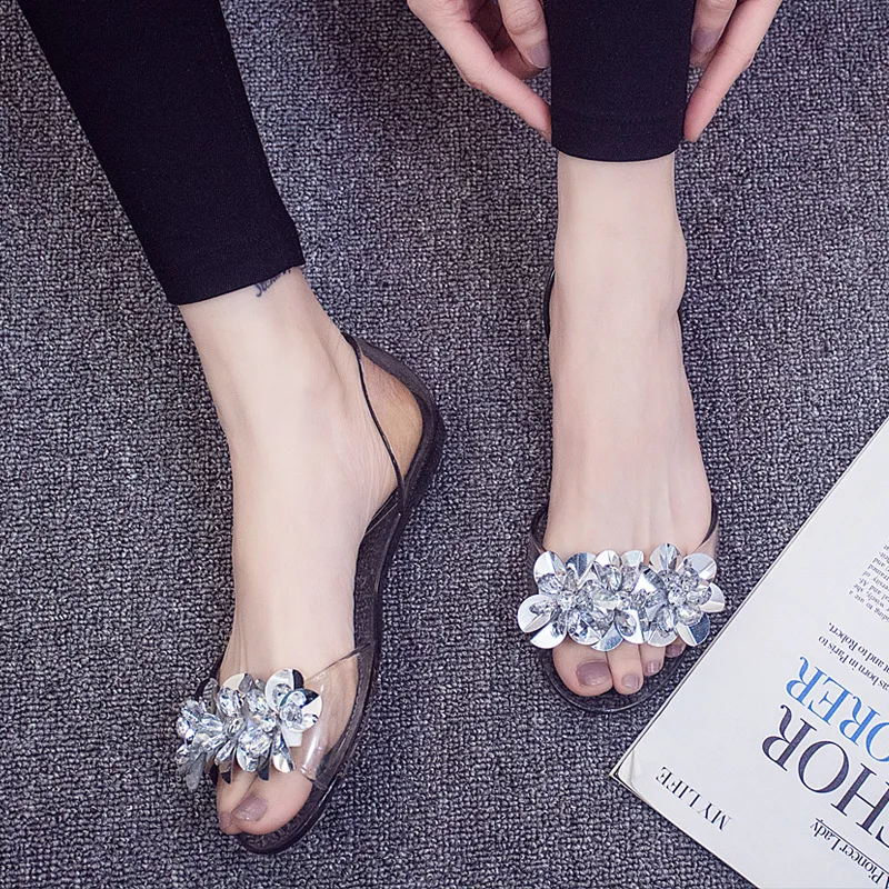 

10011 summer new flat transparent shoes non-skid rhinestone slippers sandals