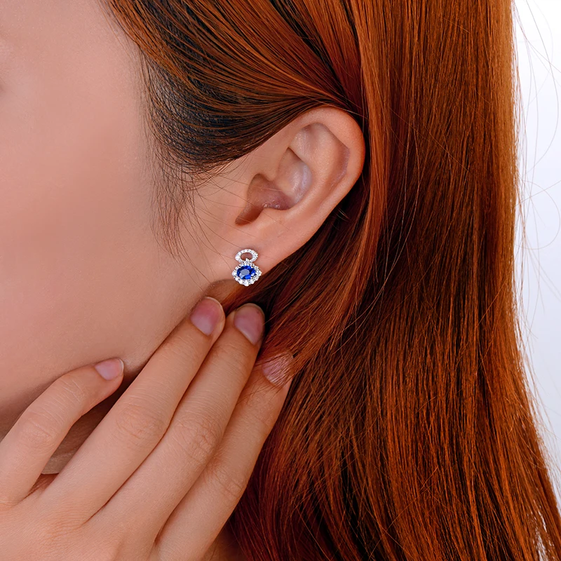 Caimao 0.95ct Blue Sapphire with 0.40ct H SI Diamond 14K White Gold Earrings Studs for Women