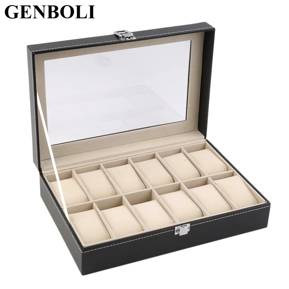 

GENBOLI Jewelry Box 12 Slots Grid PU Leather Watch Box Display Storage Organizer Case Locked Black Color Gift For Friends