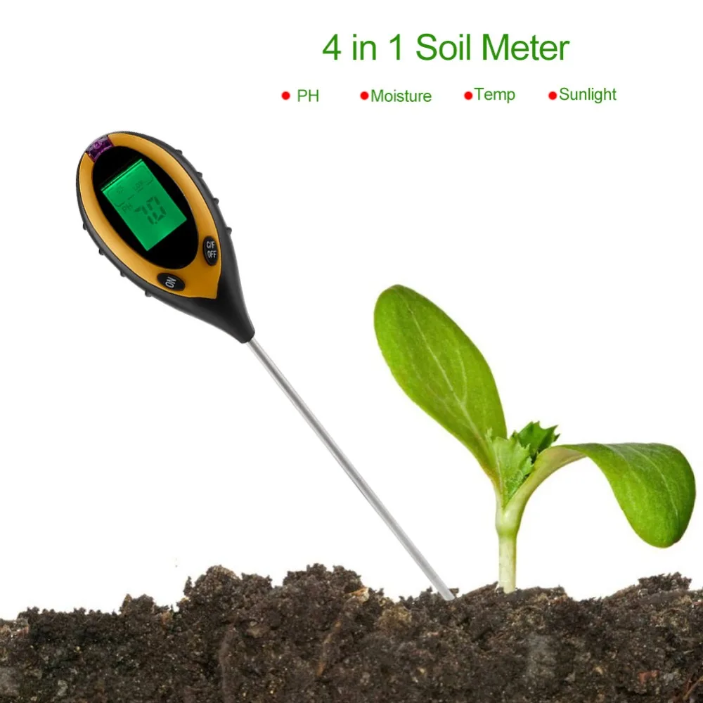 4 In 1 LCD Moisture Temperature Sunlight PH Tester Meter Garden Soil Plastic