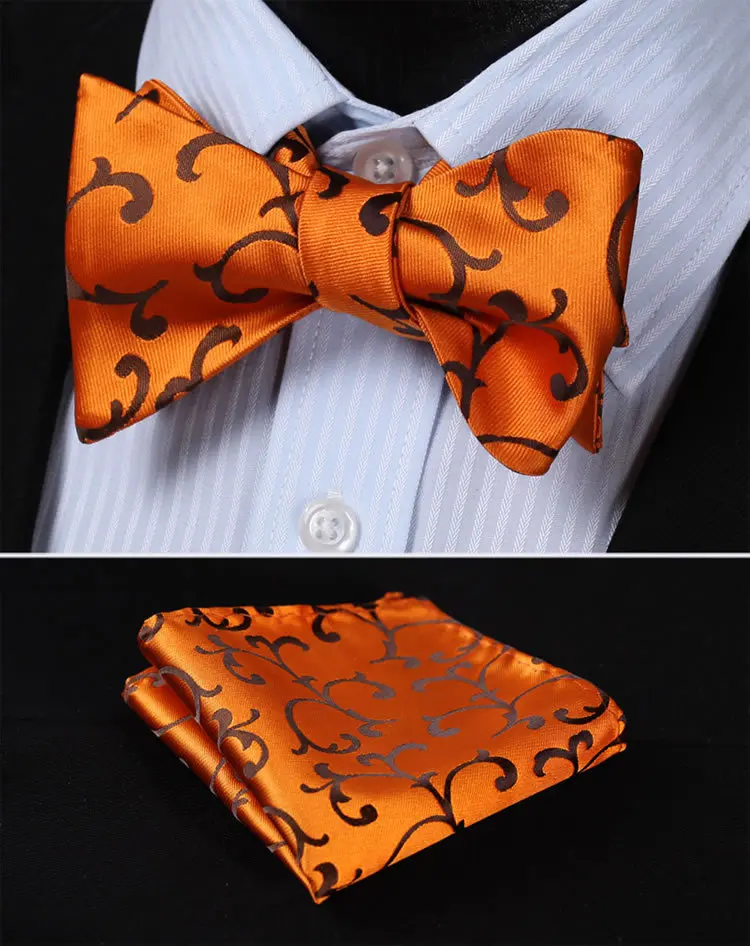  BF430D Gold Orange Floral 100%Silk Jacquard Woven Men Butterfly Self Bow Tie BowTie Pocket Square H