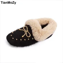 Обувь в горошек Зима Женский Новинка года, стильное колледжа сладкий заклепки с квадратным плоской подошве бархатная обувь