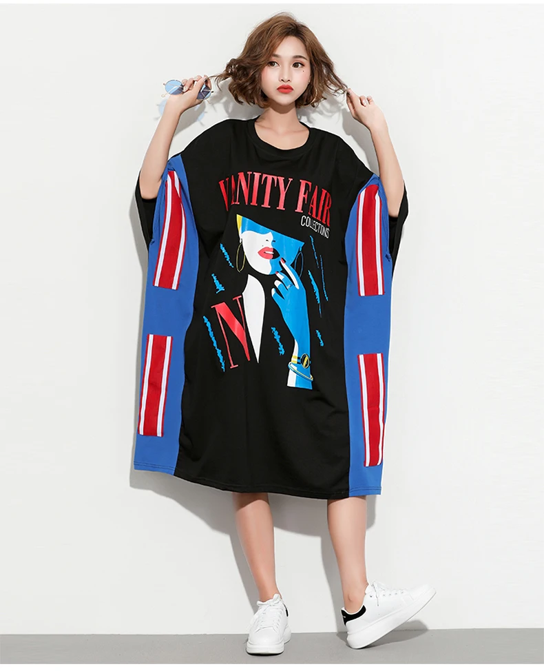 

Oversize Casual Loose Cartoon T-Shirt Dress Women Round Neck Short Sleeve Dress Summer New Design Pullovers Dress