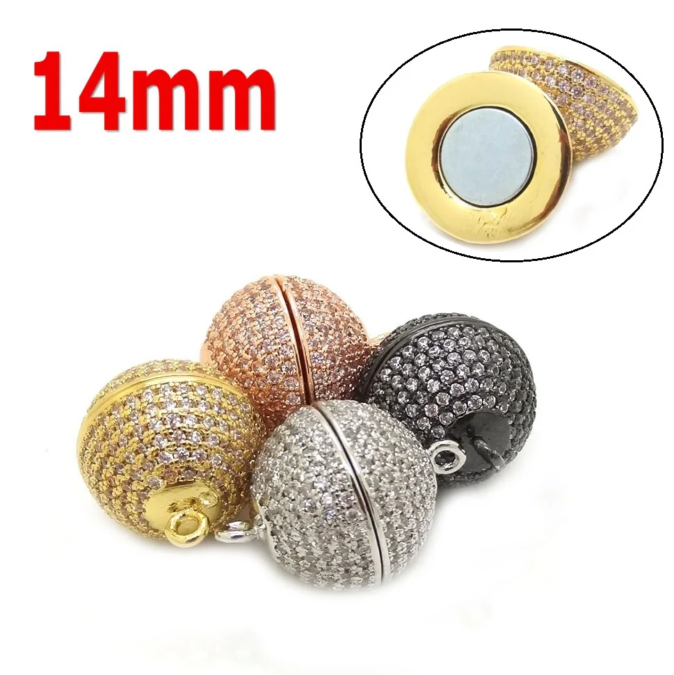 

New 14mm 18K Gold Plated Magnetic Clasp Round Bead Micro Pave Cubic Zirconia Stone For Pearl Necklace Bracelet Chain Buckle Hook
