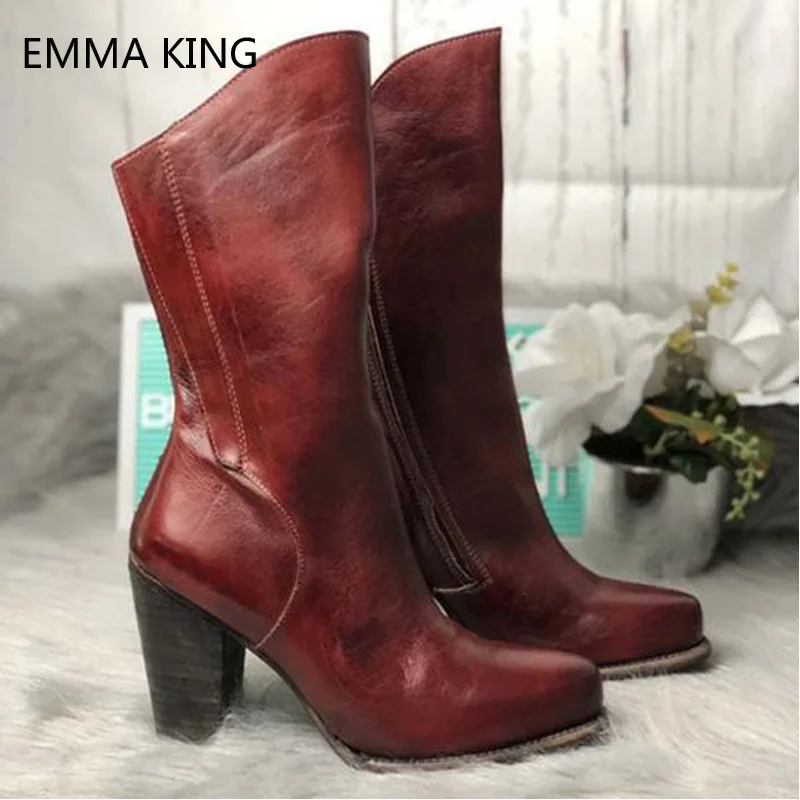

Leather Boots Autumn Winter Shoes Women Zipper Plush Vintage Thick Heel Mid-Calf Boots Retro Plus Size Sewing High-Heeled Boots