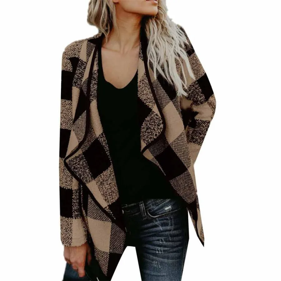 Coat women Plaid Vintage Warm Long Sleeve Solid Women
