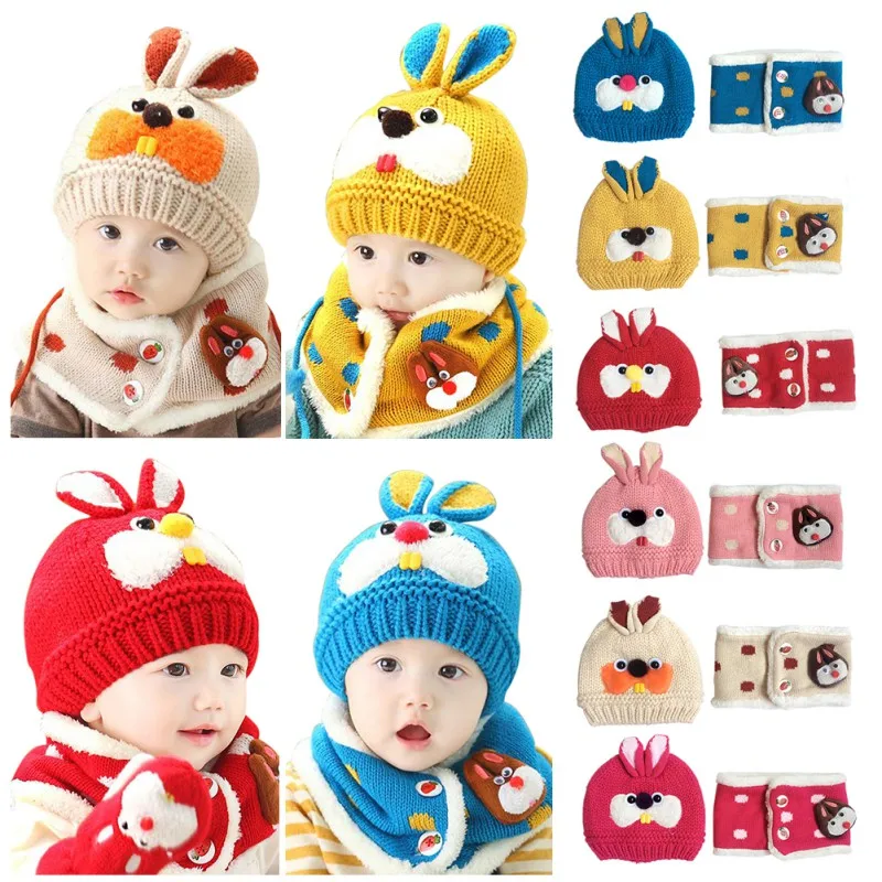 Kids Hat For Girls Boys Winter Warm Baby Accessories Set Cartoon Beanie Caps+Scarfs Baby Cap Suits