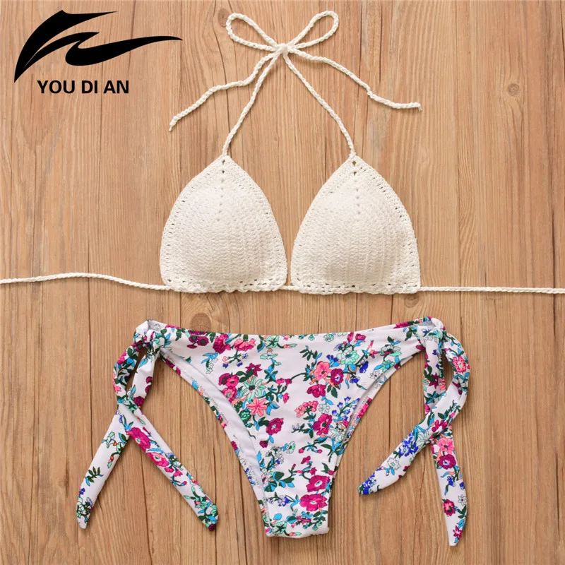 Sexy Crochet Bikini set mujer Halter Swimwear Women Knitted Swimsuit Brazilian Bikini Biquini Bathing Suit bikinis 2019 thong