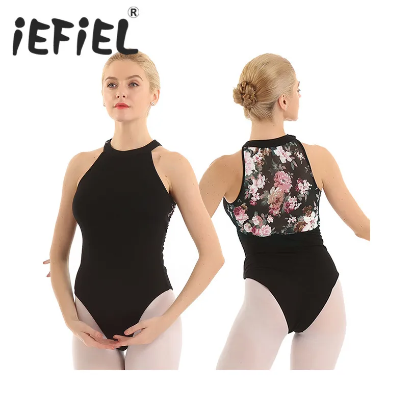 

Female Women Adult Halter Neck Sleeveless Floral Print Mesh Back Ballet Dance Gymnastics Stage Performance Leotard Bodysuit