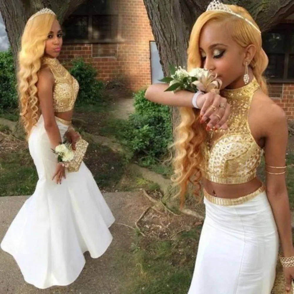 

Golden and White Prom Dress 2019 Two Piece Formal Dress Beaded Shining Crystal Halter Mermaid Long Evening Dress Graduation