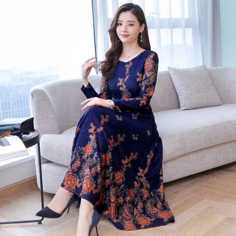 

Plus Size Autumn Winter Dress Elegant Slim Fit Long Sleeve Midi Long Women Casual Vintage Print Blue Floral Dresses Vestidos 3XL