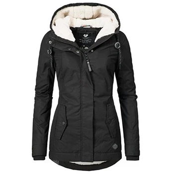 

Winter Warm Coat Female Windproof Slim Outerwear Fashion Elastic Waist Zipper Pocket Hooded Drawstring Overcoats Autumn Clothes