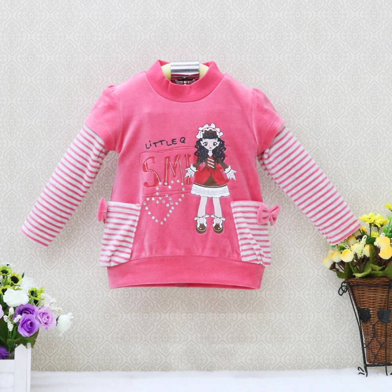 Baby Girls Long Sleeve Spring Velour O neck striped patchwork blouse children clothing for birthday party