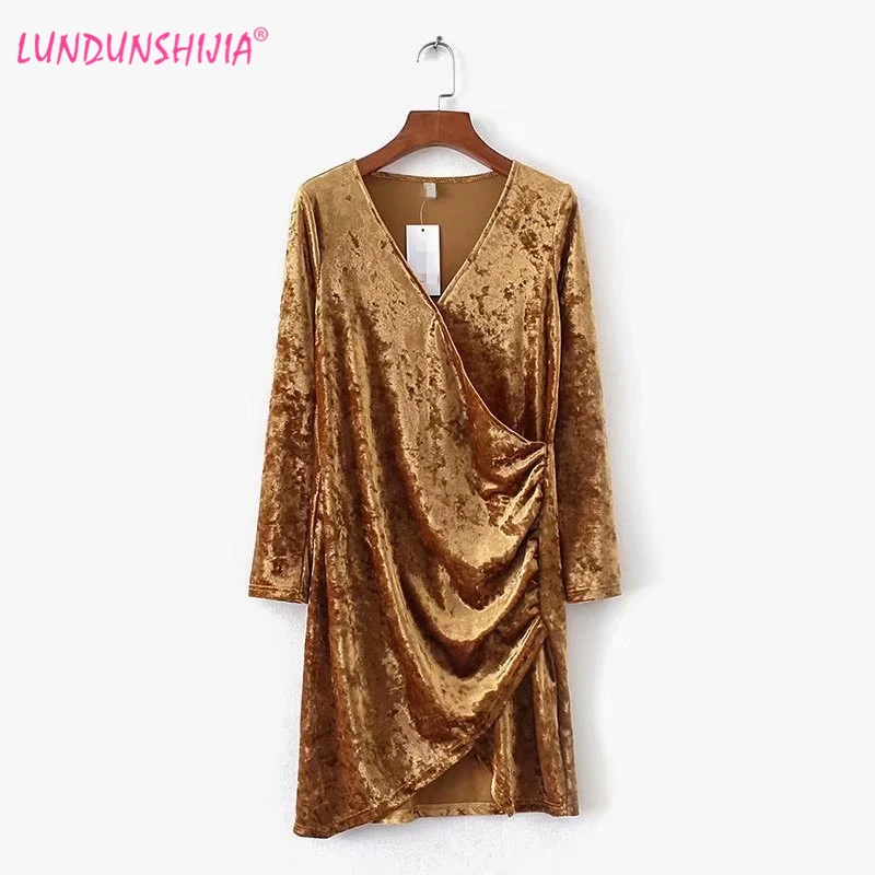 

LUNDUNSHIJIA Diamond Velvet Women Bodycon Dress Sexy Split Midi Party Dress Long Sleeve Dress Irregular Hem Gold Dresses