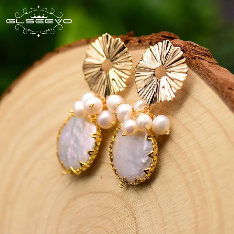 XlentAg Natural Fresh Water Baroque Pearl Drop Earrings Women Plant Leaves Dangle Earrings Luxury Handmade Fine Jewelry GE0308