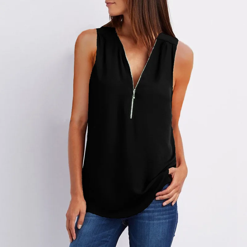 Plus Size S-5XL Chiffon Blouse Women Shirt Summer Sexy Sleeveless V Neck Zipper Blusas Casual Loose Tees Tank Tops Ladies Shirt womens shirts Blouses & Shirts