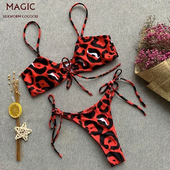 

Red Leopard Print Bikini Set Women Swimsuit High Waist Thong Bandage Swimwear Female Beachwear Bathing Swimming Suit BatherSuit