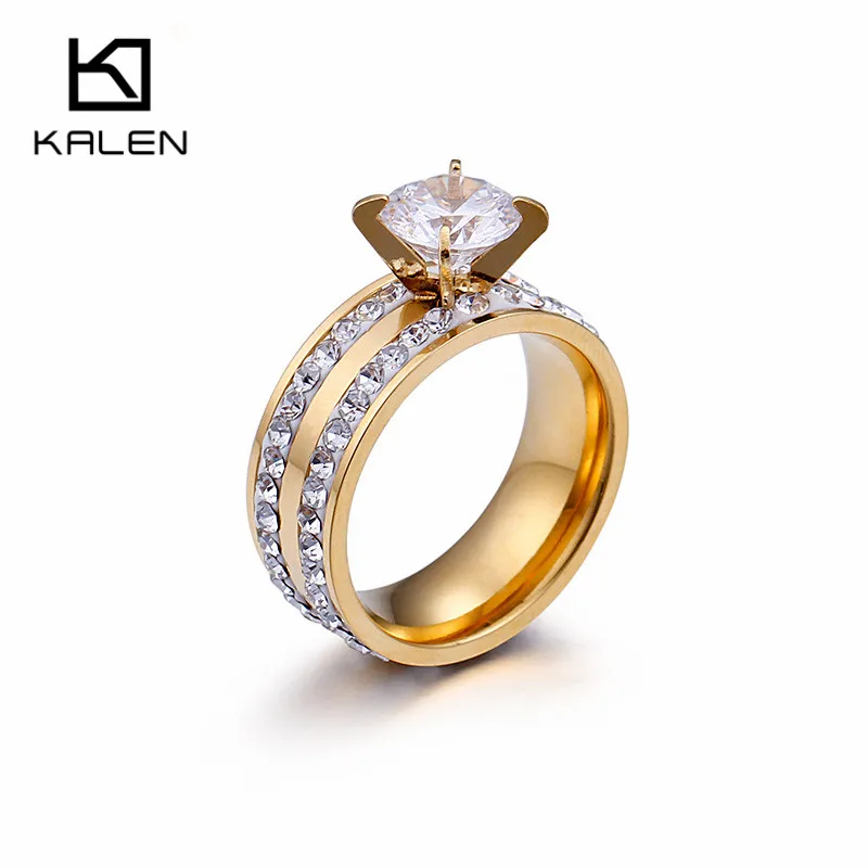 

Kalen Bulgaria Gold Stainless Steel Wedding Rings Women Two Rows Rhinestone Zircon Finger Rings Female Engagement Promise Rings