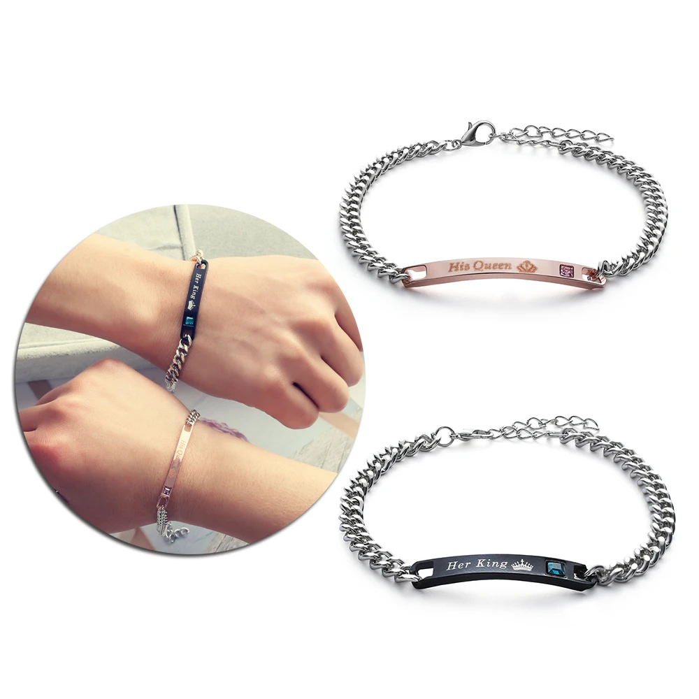 Pulseras de cristal de acero inoxidable para hombre y mujer, nuevo amante, brazalete con abalorio con forma de corona, joyería para hombre y mujer