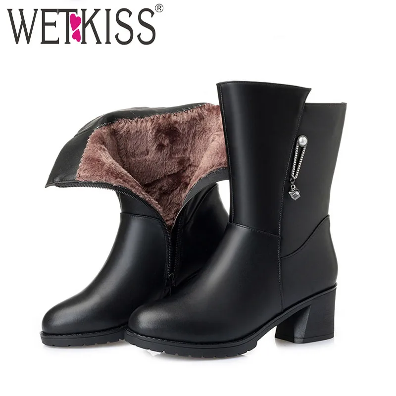 

WETKISS Cow Leather Mid Calf Women Boots Round Toe Pearl Crystal Footwear Warm Wool Female Boot Platform Snow Shoes Woman Winter