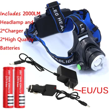 

Zoomable XML-T6 Headlight T6 headlamp LED Head Lamp Rechargeable led zoom head light + 2 x 18650 battery + AC & Car charger