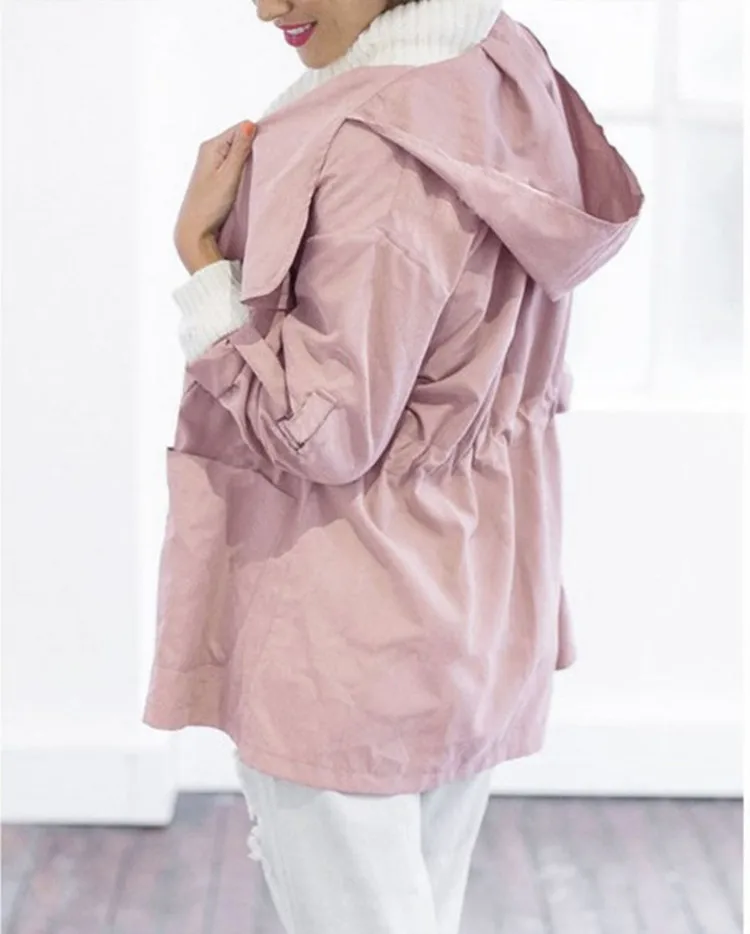 2018 Autumn New Women Hooded Jacket Cotton Coat Befree High Waist Solid Color Long Sleeve Zipper Female Pink Windbreaker