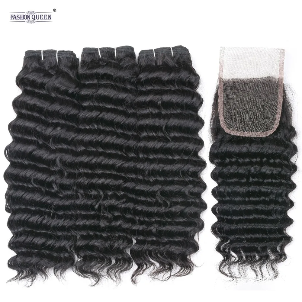Модные QUEEN hair глубокая волна Связки с синтетическое закрытие волос Remy человеческие волосы 2/3 Связки с синтетическое закрытие