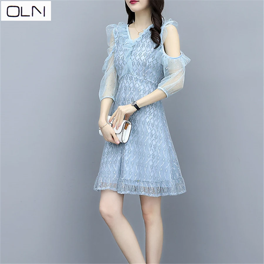 

Dress OLN vestidos new arrival summer new Korean high waist slim slimming sleeves leaking shoulder X-2XL lace dress female