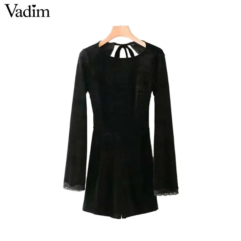 

Vadim sexy velvet lace patchwork playsuits bow tie backless long sleeve o neck zipper rompers ladies chic casual pants KZ1146