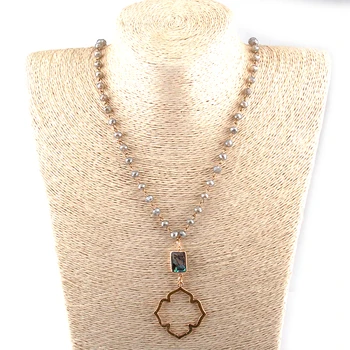 

Free Shipping Fashion Bohemian Tribal Jewelry 6mm Glass Rosary Chain Crystal Shell Lip Charm Necklace For Women Ethnic Necklace